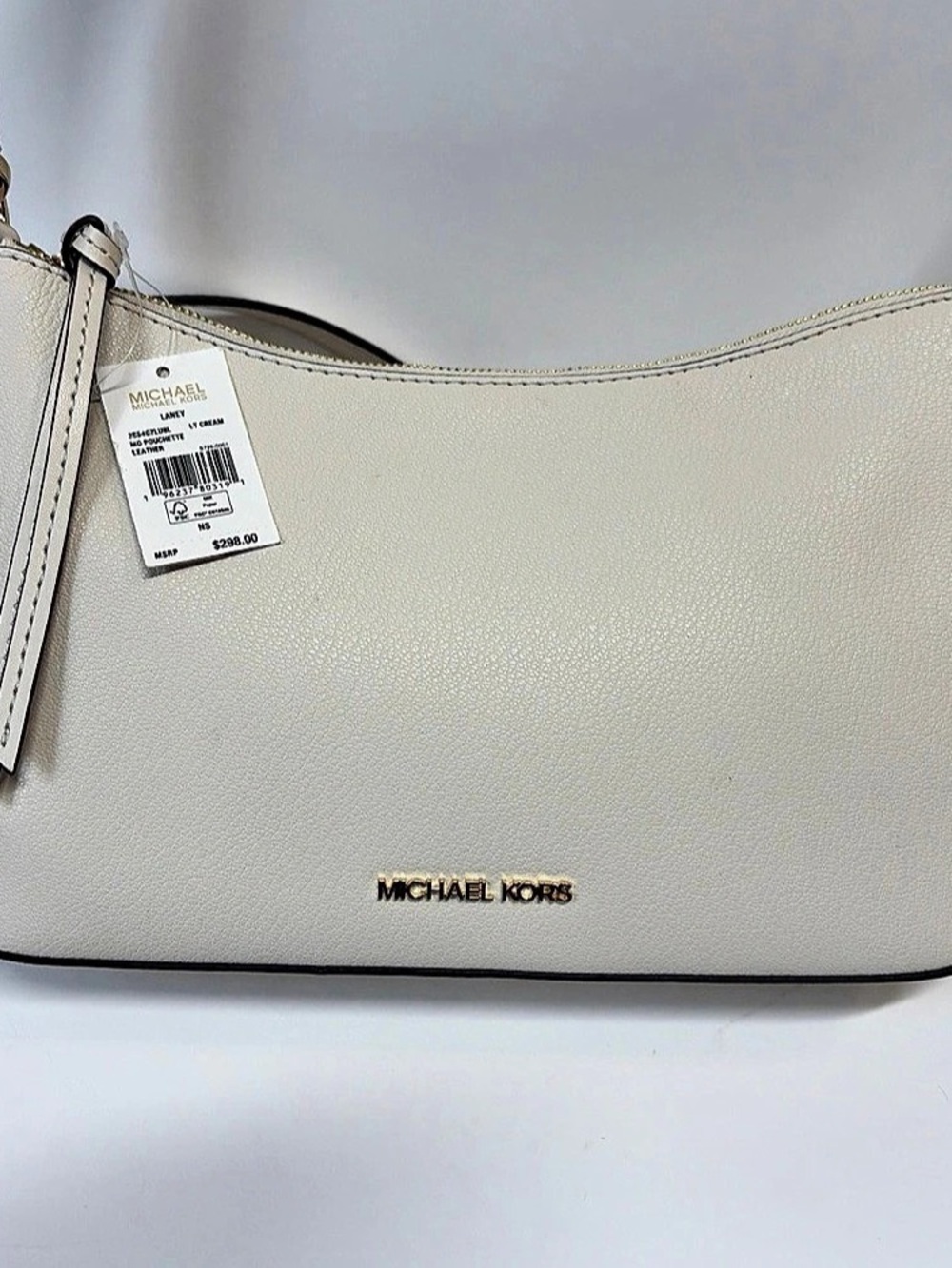 Michael Kors Laney Cream Pebbled Leather Pouchette Bag Zip Gold Hardware Strap